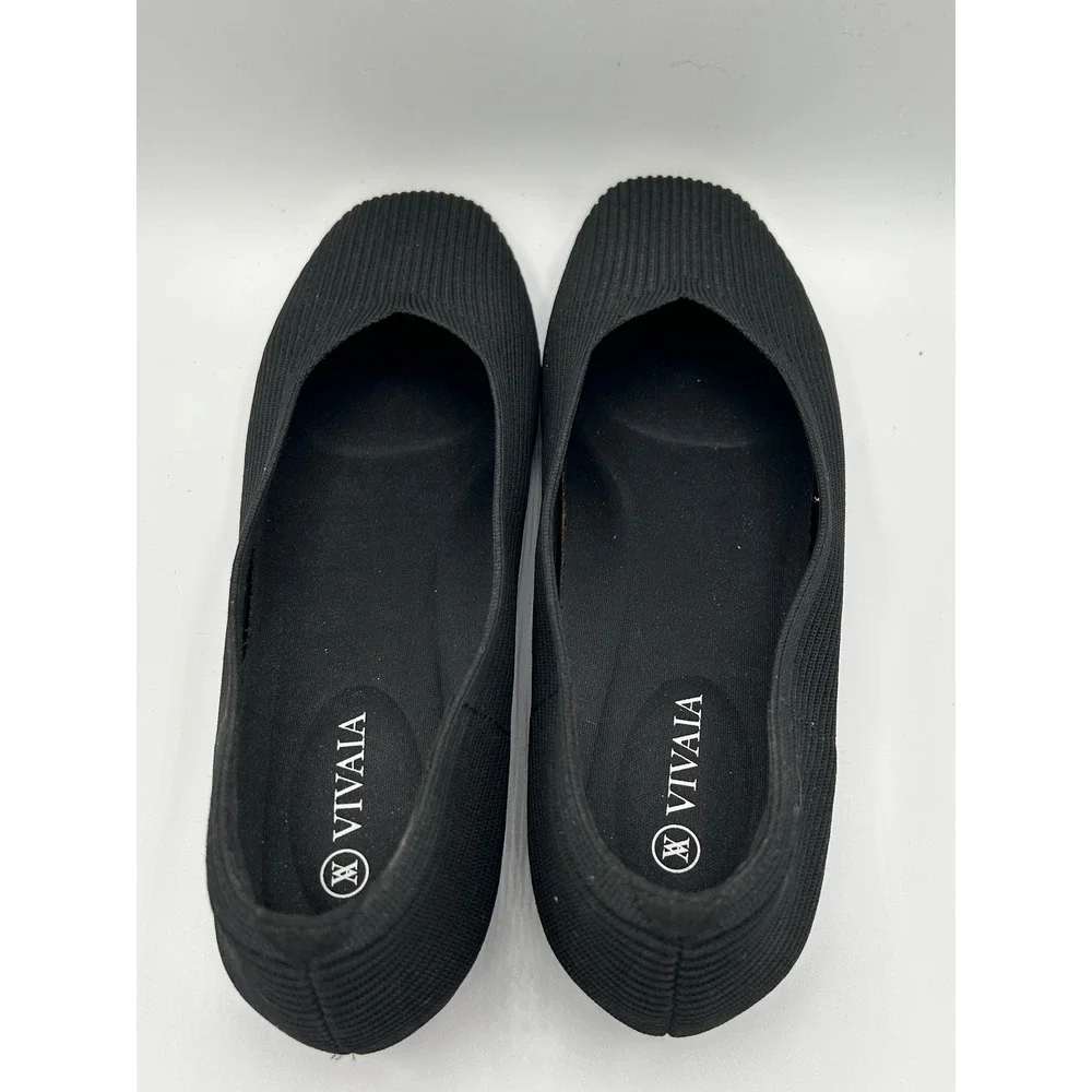 VIVAIA Margot Black Ribbed Knit Square Toe V-Cut Ballet Flats Women EU 39 Shoes